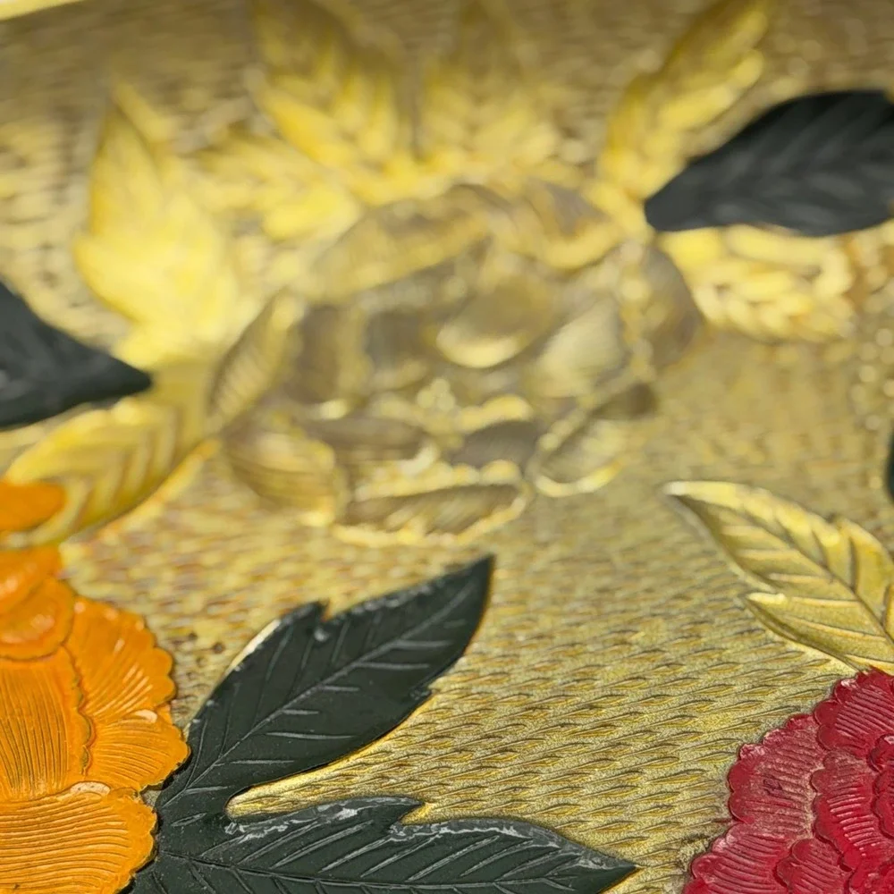 Vintage Asian Style Floral Peony Decorative Tray Gold Textured Relief 9.5 Inch
